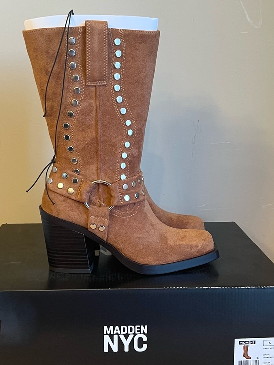 Madden Nyc Shoes - NIB Madden Nyc Women’s Brown Faux Suede Studded Mid-Calf Boots